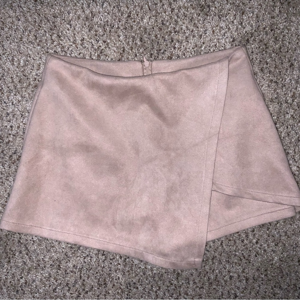 Beige Faux Suede Asymmetrical Skort